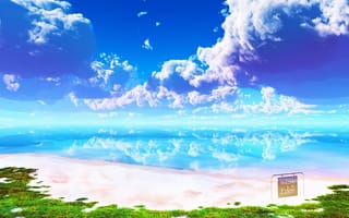 Картинка y-k, отражение, облака, пейзаж, пляж, гладь, рай, небо, море, табличка
