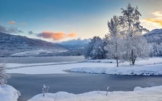 Картинка деревья, горы, снег, озеро, Норвегия, зима