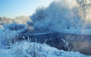 Картинка река, мост, зима, снег, деревья