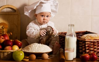 Картинка Baby, eggs, ребёнок, kitchen, cook, фрукты, овощи, vegetables, хлеб, повар, малыш, flour, колпак, fruits, кухня, молоко, поварёнок, apples, babe, яблоки, boy, bread, яйца, milk, cap, мука