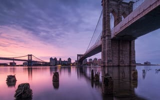 Обои США, Brooklyn Bridge, мост, Нью-Йорк, река, город, USA, New York