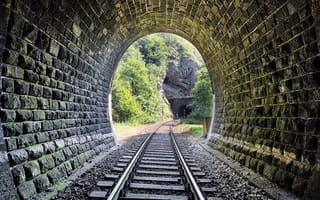 Картинка metal, railway, stones, tunnel, wood, Trees
