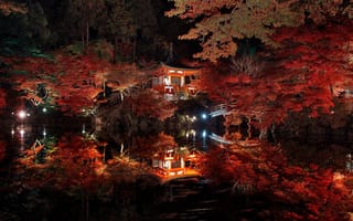 Картинка осень, огни, ночь, домик, вода, Япония, природа, мост