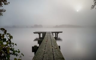 Картинка ночь, мост, туман, озеро