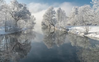 Картинка зима, Germany, река, деревья, иней, Bavaria, Loisach River, Германия, Река Лойзах, Бавария, отражение