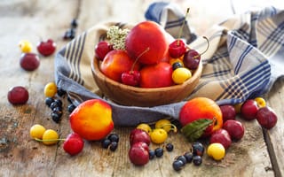 Картинка черешня, тарелка, натюрморт, смородина, персики, лето, фрукты, нектарин, ягоды, Julia Khusainova