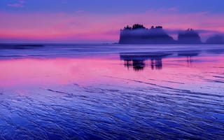 Картинка США, вечер, вода, облака, берег, скалы, розовый, отражение, Тихий океан, штат Вашингтон, синее, закат, небо