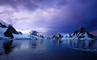 Картинка снег, Antarctica, океан, закат, горы, ледник