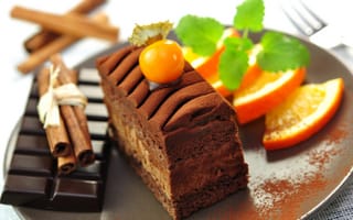 Картинка десерт, темный, шоколад, апельсины, тортик, палочки, еда, дольки, плитка, корица, кусочек, фрукты, торт, пирожное, сладкое