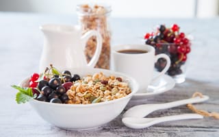 Картинка ягоды, смородина, мюсли, кофе, fresh berries, завтрак, muesli, breakfast
