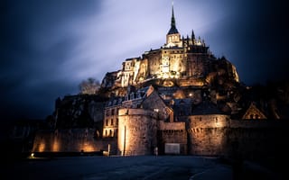 Картинка замок, Le Mont-St.-Michel, Basse-Normandie, FR, Франция, ночь, архитектура