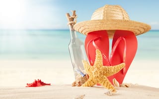 Картинка песок, starfish, summer, каникулы, sand, vacation, море, beach, солнце, сланцы, seashells, пляж, шляпа, лето