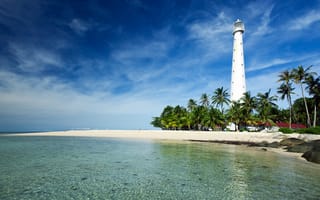 Картинка маяк, Java Sea, Indonesia, Яванское море, Tanjung Kelayang beach, побережье, Belitung Island, пальмы, Белитунг, Индонезия