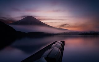 Картинка озеро, гора, Япония, вулкан, лодки, Fuji