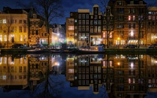 Картинка ночь, Нидерланды, канал, Амстердам, огни, вечер, город
