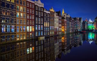 Обои ночь, Нидерланды, город, огни, Амстердам, канал