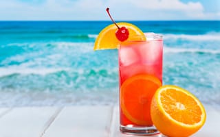 Картинка коктейль, напиток, апельсин, вишня, лето, цитрус, море, лед