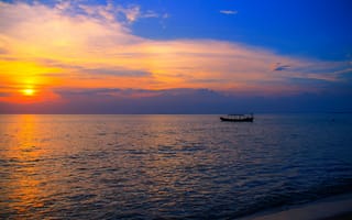 Картинка Азия, пляж Отрес, Камбоджа, лодка, закат, море