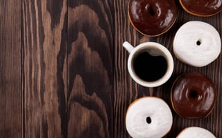 Картинка пончики, wood, coffee, chocalate, donuts