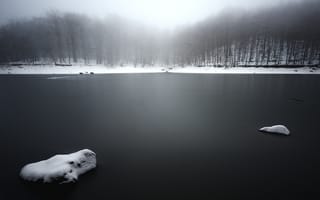 Обои зима, туман, озеро