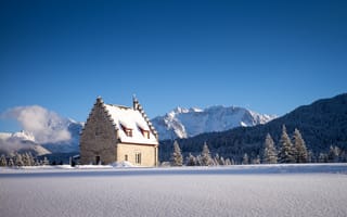 Картинка зима, лес, дом, Германия, снег, Бавария, Kranzbach, горы