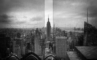 Картинка США, капли, Эмпайр Стейт Билдинг, чёрно - белое, Нью - Йорк, стекло, город, дождь