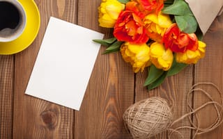 Картинка кофе, букет, тюльпаны, yellow, cup, colorful, tulips, flowers