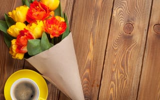 Картинка кофе, букет, tulips, flowers, тюльпаны, yellow, colorful, cup
