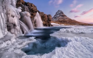 Картинка водопад, зима, лед, гора, природа, Исландия