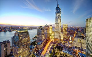 Картинка New York, город, Нью-Йорк, New York City, USA, США, дома, высотки, NYC, WTC, Freedom Tower, небоскребы, вечер, Всемирный торговый центр, панорама, 1 World Trade Center, здания