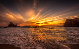 Картинка закат, океан, Martins Beach, Калифорния, California, скалы, Pacific Ocean, Тихий океан, Мартин Бич