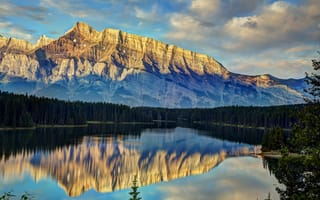 Картинка Two Jack Lake, Banff National Park, пейзаж, Alberta, горы, озеро, Canada, лес