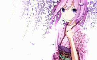 Картинка арт, дерево, megurine luka, цветы, девушка, atha, кимоно, vocaloid