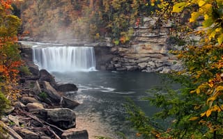 Картинка осень, река, водопад, США, брызги, деревья, туман, лес