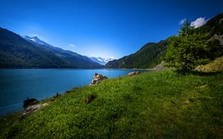 Картинка зелень, лес, небо, озеро, деревья, горы, камни, трава