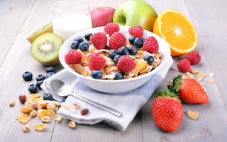 Картинка ягоды, малина, мюсли, завтрак, breakfast, черника, фрукты