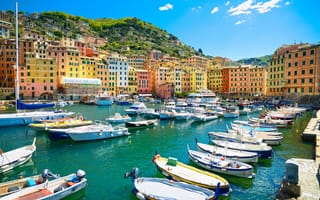 Картинка море, basilica, travel, берег, Италия, пляж, Camogli, Liguria, Italy, лодки