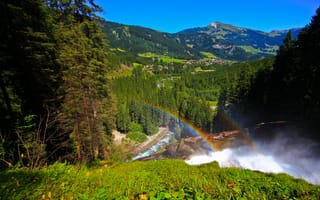 Картинка Krimml Waterfalls, Австрия, водопады Кримль, долина, горы, панорама, деревня, Austria, лес, радуга