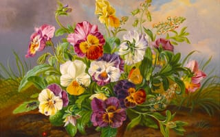 Картинка Картина, божья коровка, цветы, бабочка, пчелка, живопись
