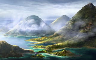 Картинка арт, красота, облака, природа, туман, горы, небо