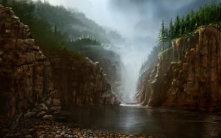 Картинка живопись, вид, туман, камни, вода, арт, скалы, природа