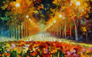 Обои Leonid Afremov, картина, свет, живопись, улица, фонари