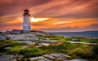 Картинка море, небо, маяк, трава, камни, облака, солнце, побережье