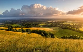 Обои Англия, трава, утро, облака, рассвет, сельская местность, деревья, небо, природа, Великобритания, холмы, поля, пейзаж