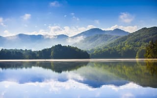 Картинка горы, отражение, лес, утро, озеро