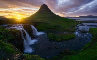 Картинка солнце, водопады, Исландия, Kirkjufellsfoss, гора Kirkjufell