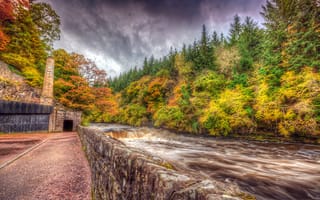 Картинка осень, лес, New Lanark, течение, деревья, HDR, Шотландия, река