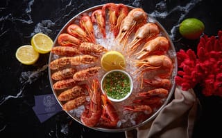 Картинка лимон, соус, креветки