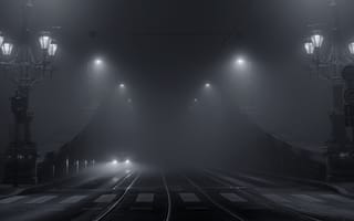 Картинка машина, город, туман, свет, мост, огни, чёрно - белое