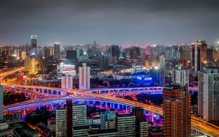 Обои Huangpu, дороги, панорама, China, Хуанпу, ночной город, Шанхай, здания, Shanghai, Китай